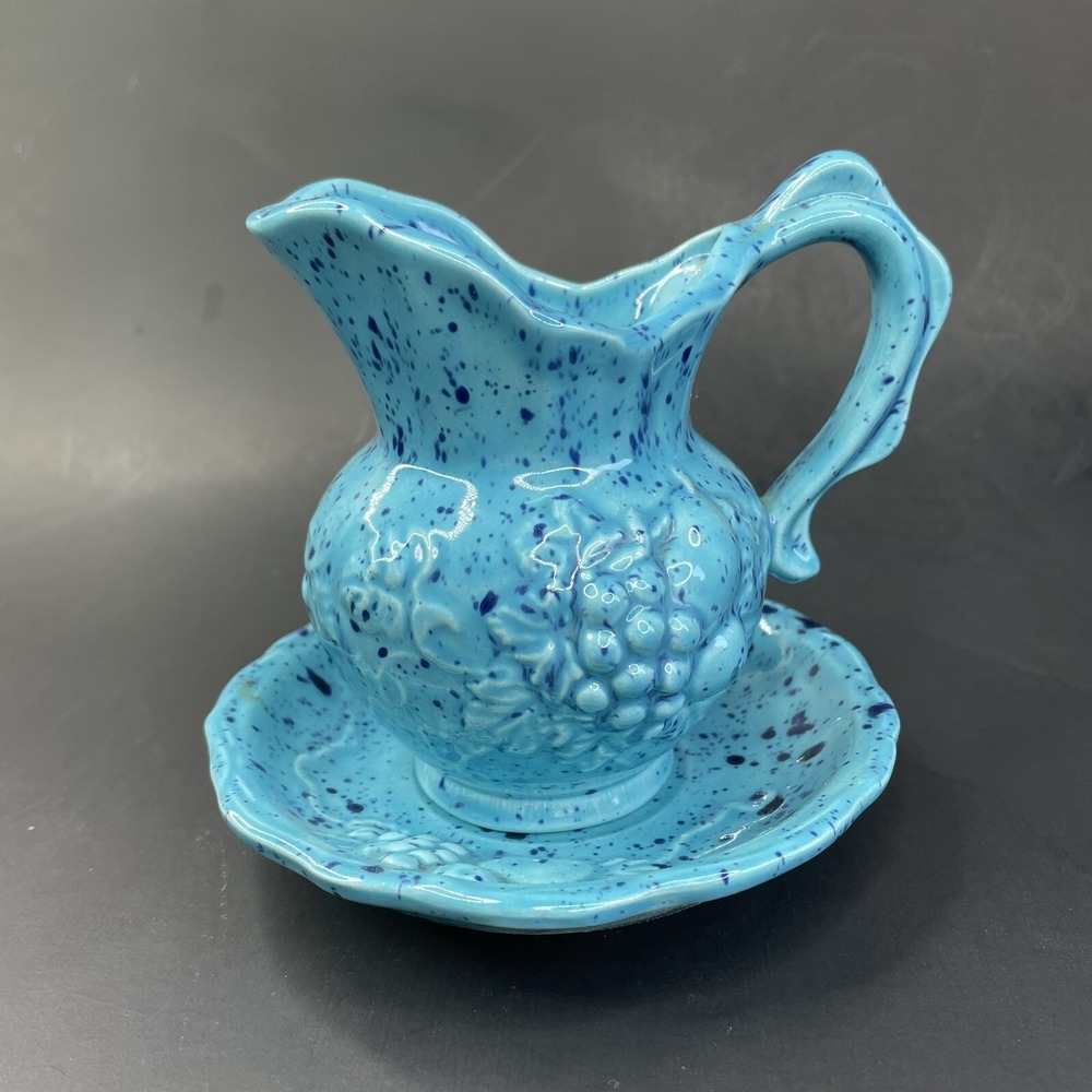 Vtg Blue Speckled Small Pitcher and Bowl Set Grapes Fruit Marked DJ‎ 3-1-73